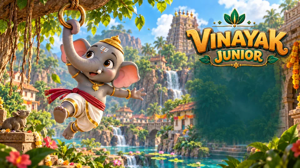 Vinayak Junior swinging above a lush village — illustrated key art